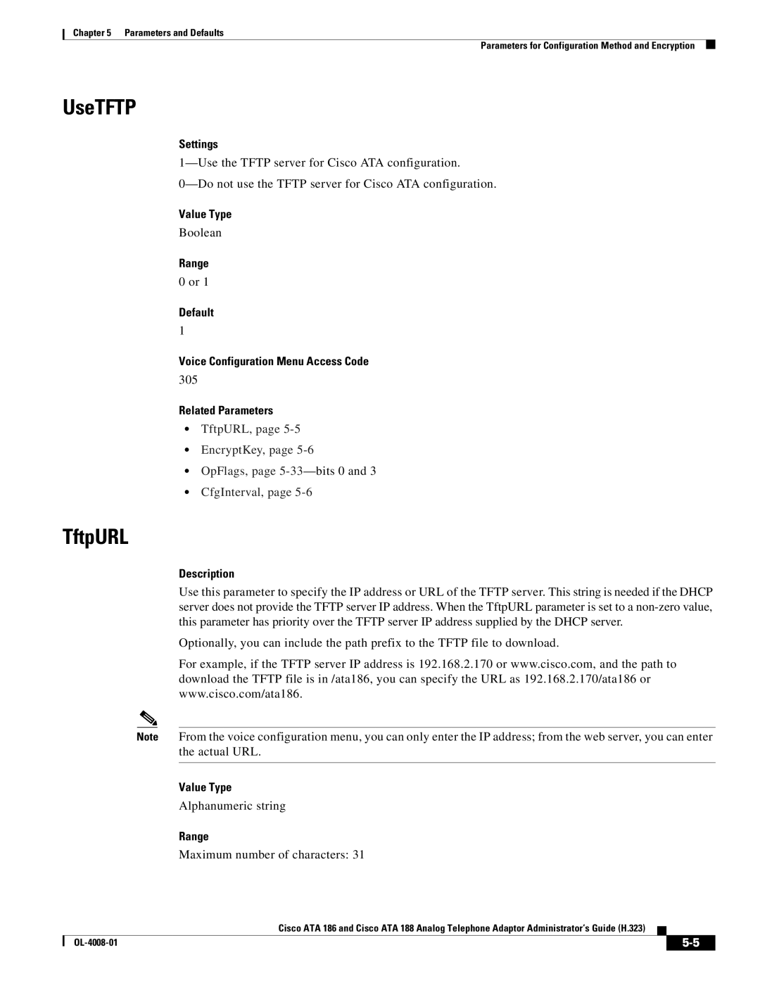 Cisco Systems ATA 188 manual UseTFTP, TftpURL, Settings, Range Default Voice Configuration Menu Access Code 