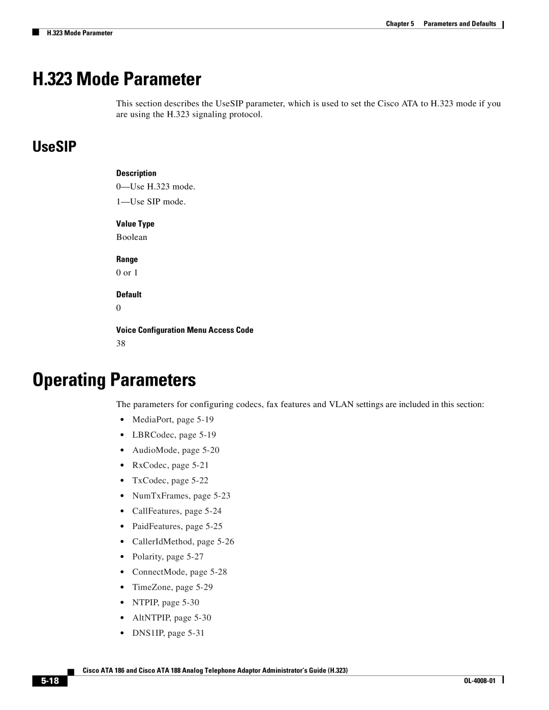 Cisco Systems ATA 188 manual Mode Parameter, Operating Parameters, UseSIP, Use H.323 mode -Use SIP mode 