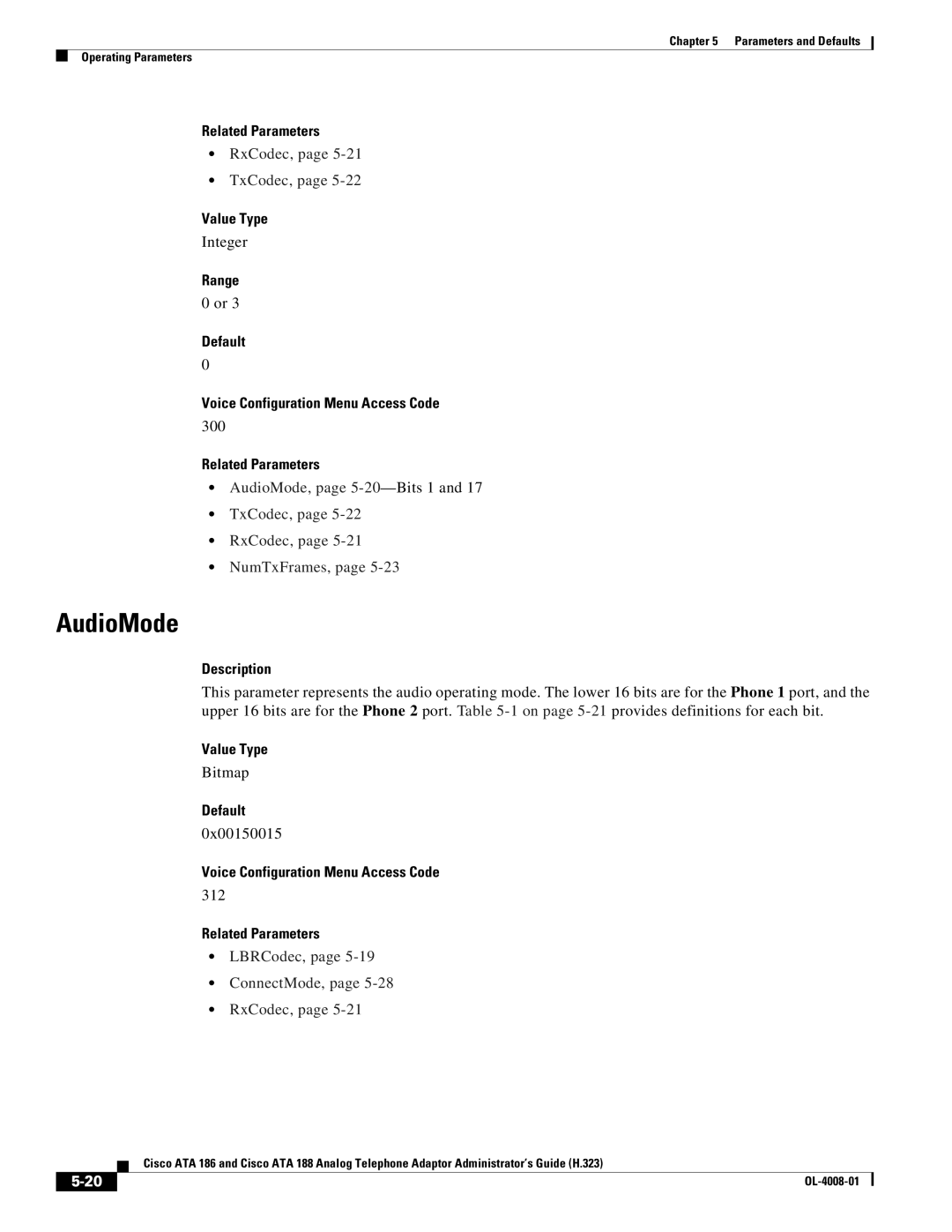 Cisco Systems ATA 188 manual RxCodec, TxCodec, AudioMode, page 5-20-Bits 1 TxCodec, RxCodec, NumTxFrames 