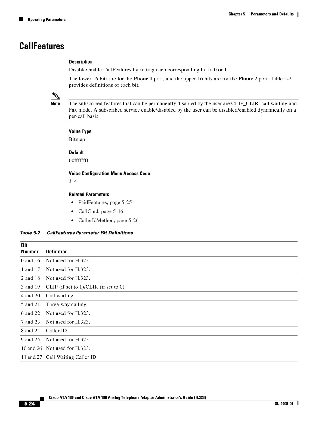 Cisco Systems ATA 188 manual CallFeatures, Bit Number 