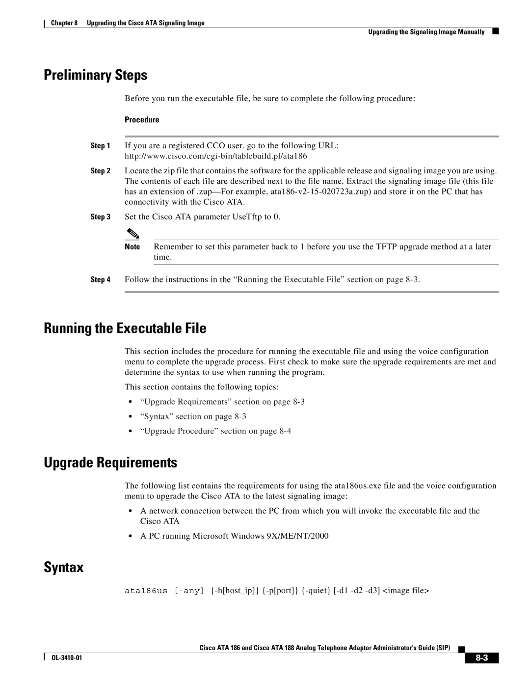 Cisco Systems ATA186I2ARF manual Preliminary Steps, Running the Executable File, Upgrade Requirements, Syntax 