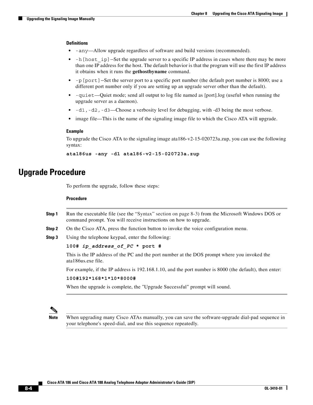 Cisco Systems ATA186I2ARF manual Upgrade Procedure, To perform the upgrade, follow these steps 