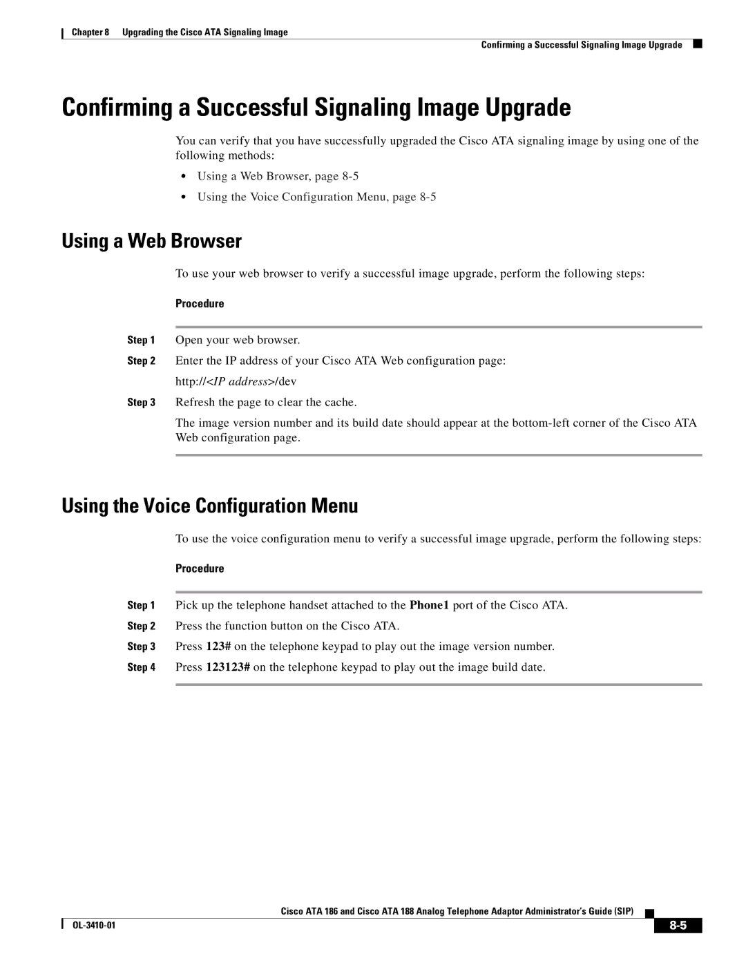 Cisco Systems ATA186I2ARF manual Confirming a Successful Signaling Image Upgrade, Using a Web Browser 