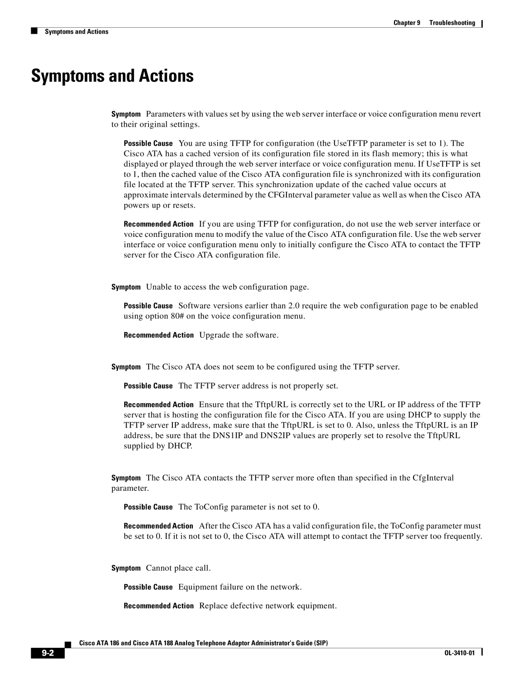 Cisco Systems ATA186I2ARF manual Symptoms and Actions 