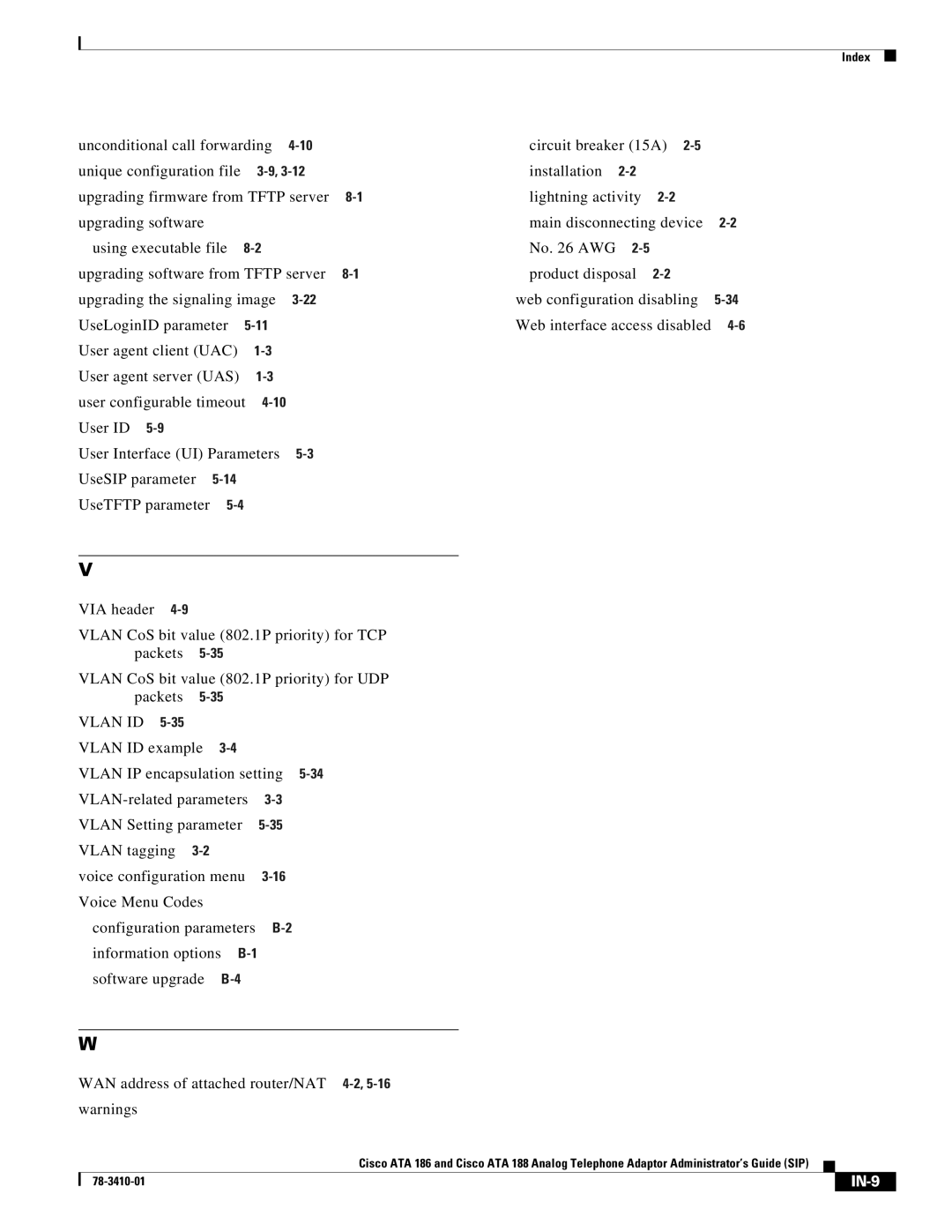 Cisco Systems ATA186I2ARF manual Unconditional call forwarding Unique configuration file, IN-9 