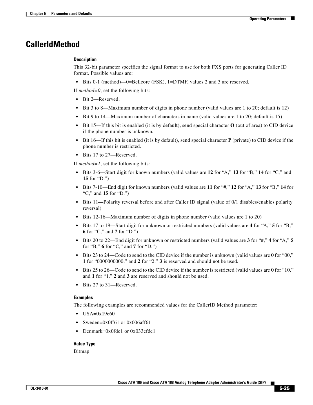 Cisco Systems ATA186I2ARF manual CallerIdMethod, Examples 