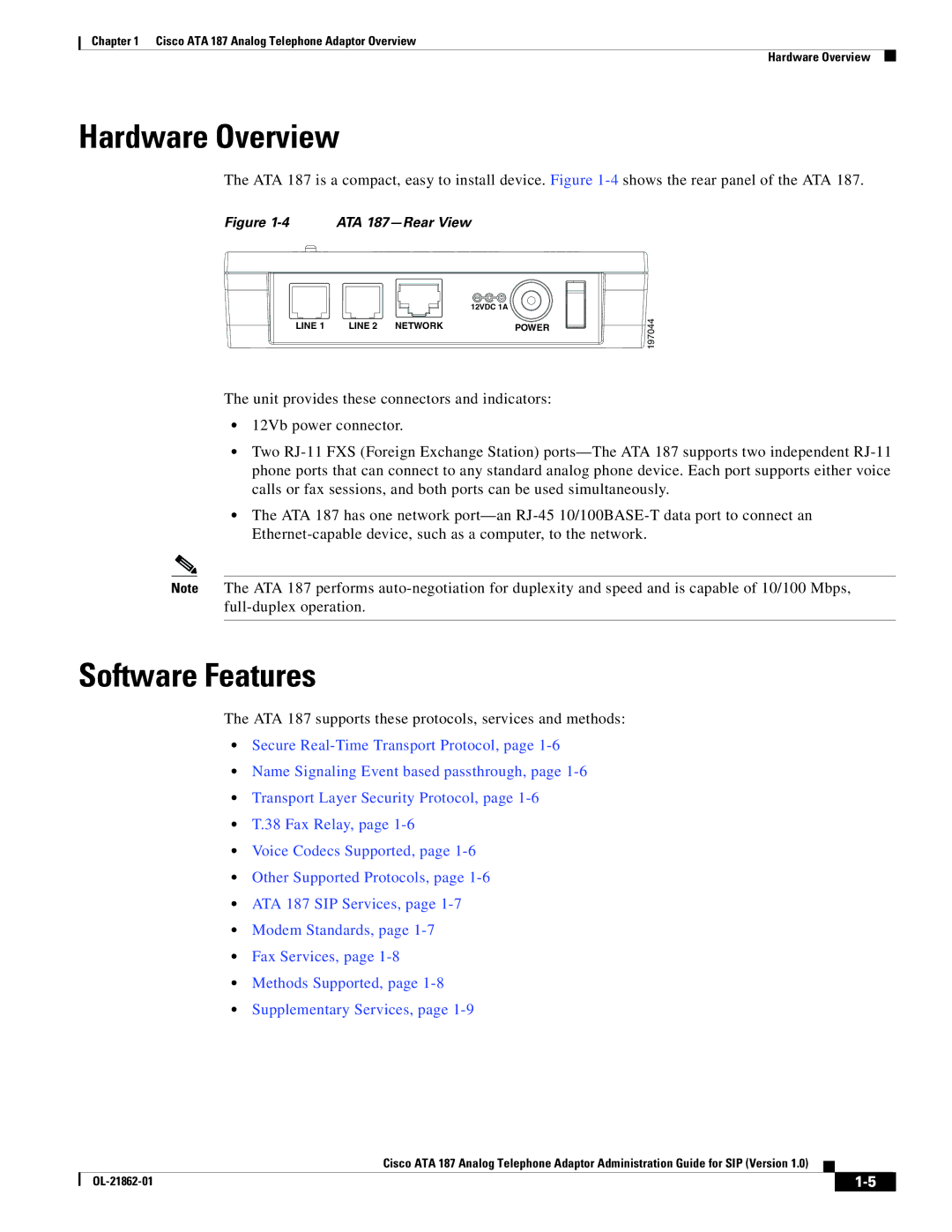 Cisco Systems ATA187I1ARF manual Hardware Overview, Software Features 