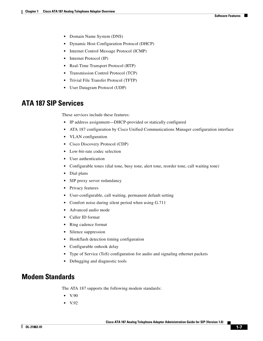 Cisco Systems ATA187I1ARF manual ATA 187 SIP Services, Modem Standards 