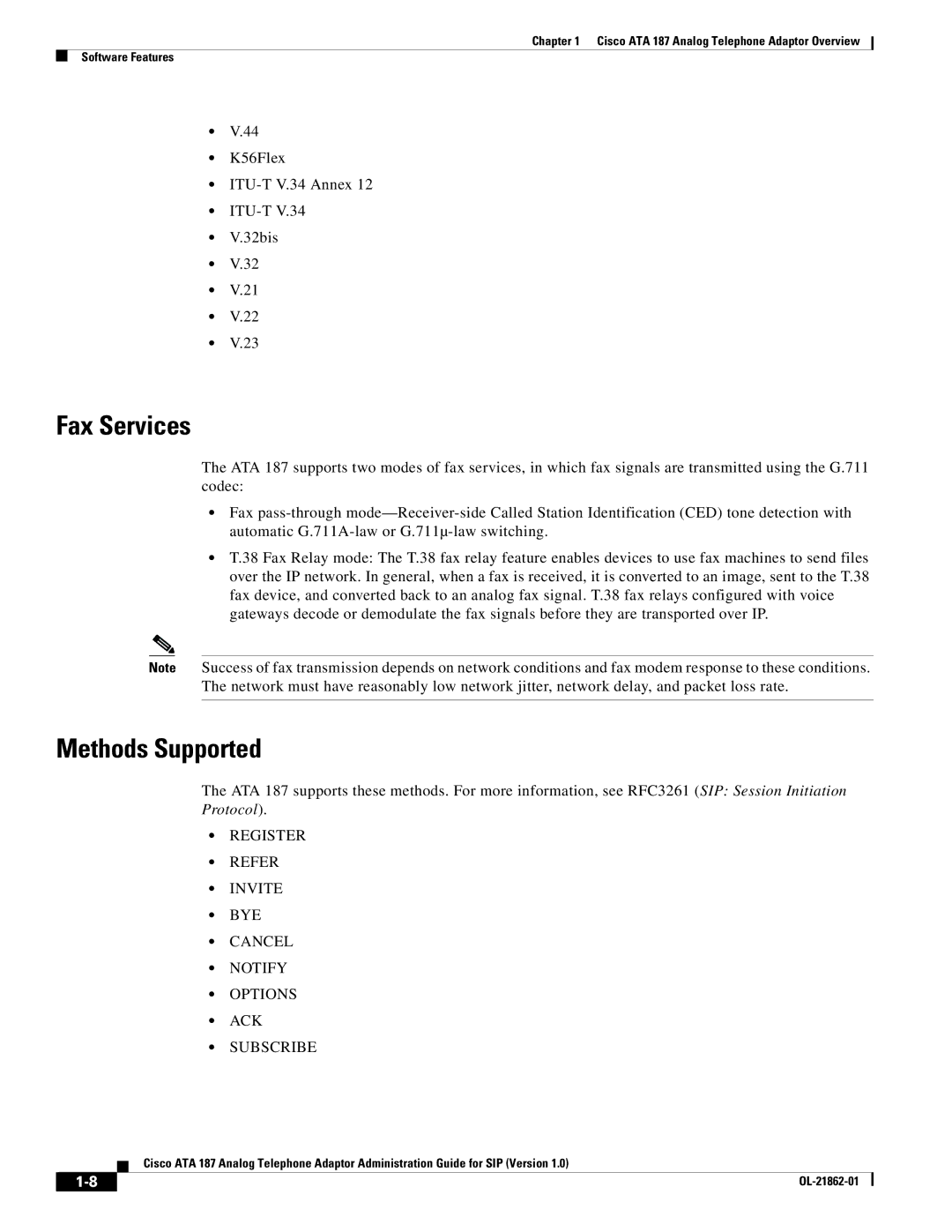 Cisco Systems ATA187I1ARF manual Fax Services, Methods Supported 