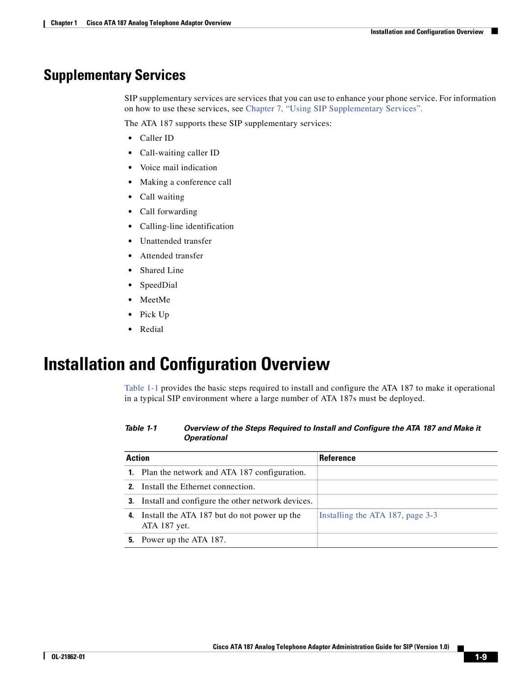 Cisco Systems ATA187I1ARF manual Installation and Configuration Overview, Supplementary Services 