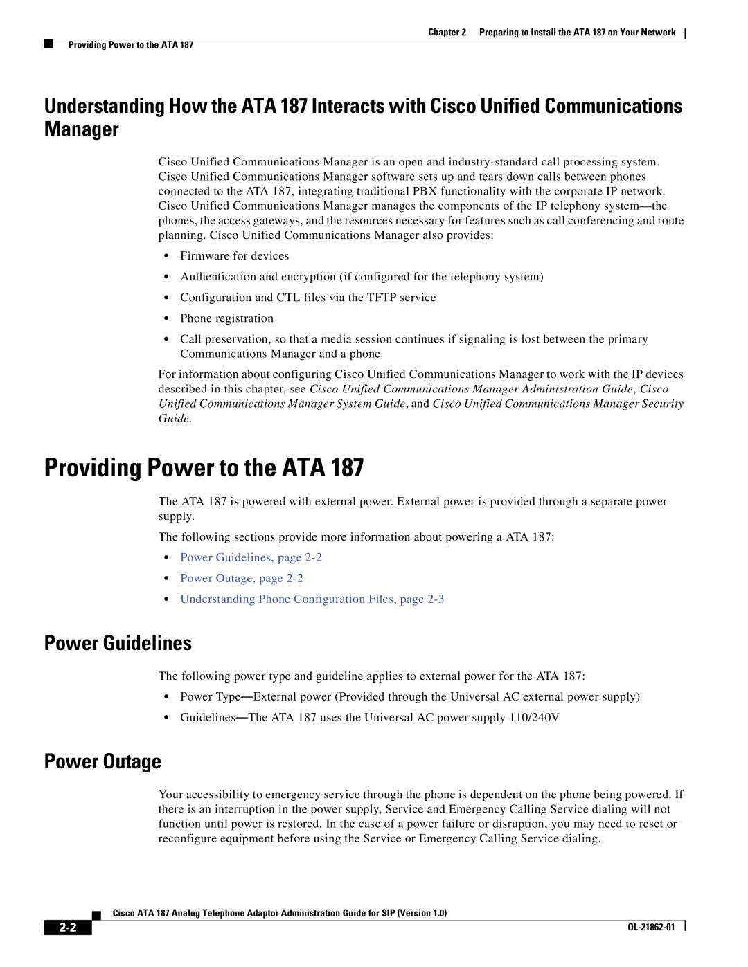 Cisco Systems ATA187I1ARF manual Providing Power to the ATA, Power Guidelines, Power Outage 