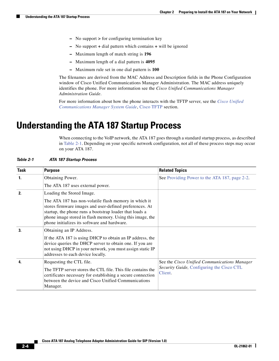 Cisco Systems ATA187I1ARF manual Understanding the ATA 187 Startup Process, Purpose Related Topics 