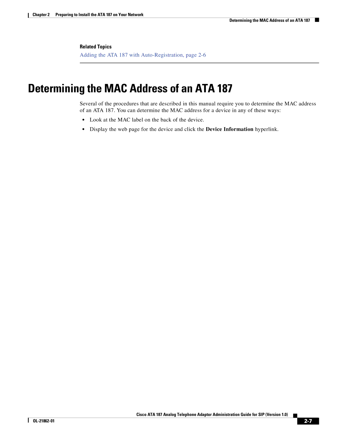 Cisco Systems ATA187I1ARF manual Determining the MAC Address of an ATA 