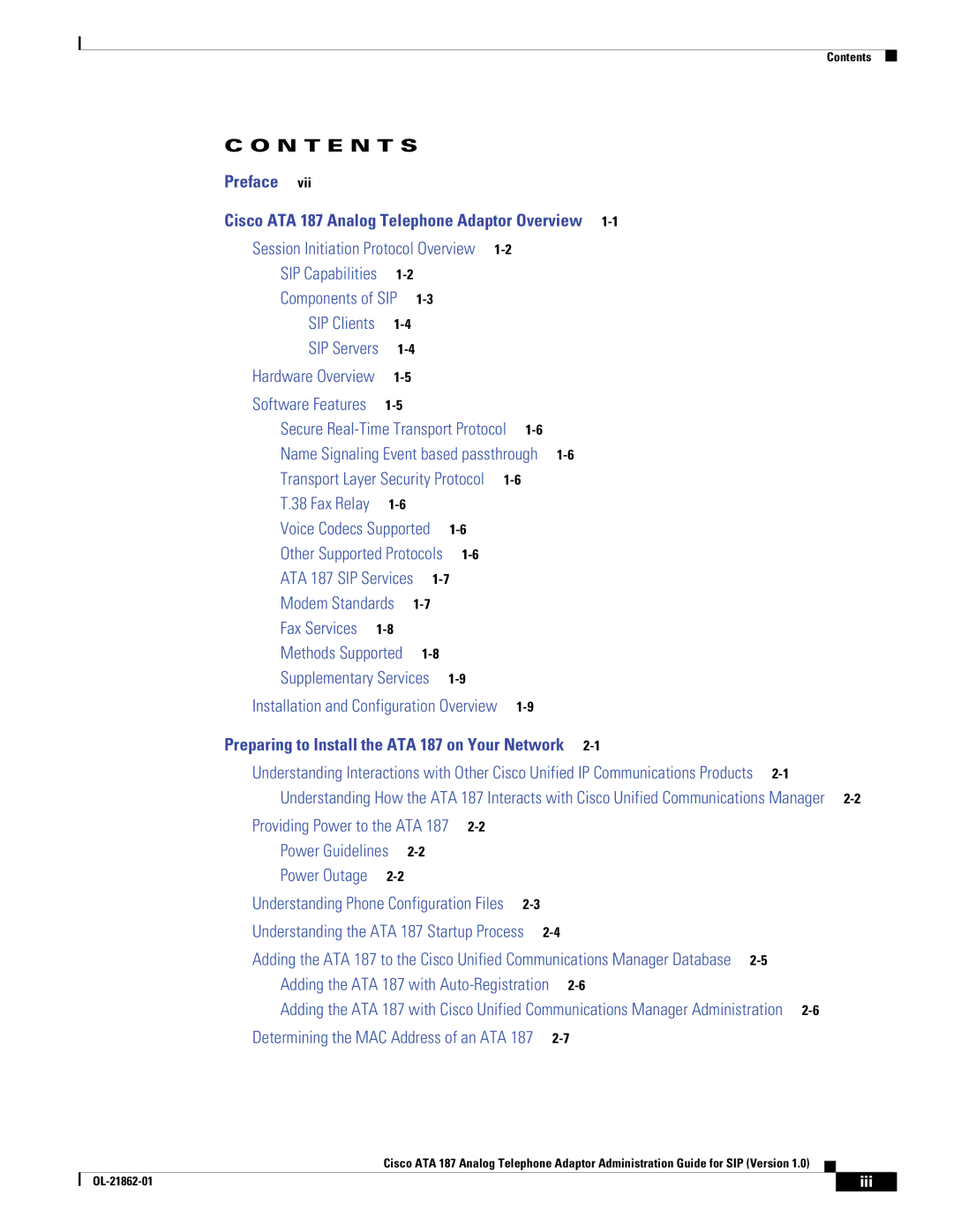 Cisco Systems ATA187I1ARF manual N T E N T S, Iii 