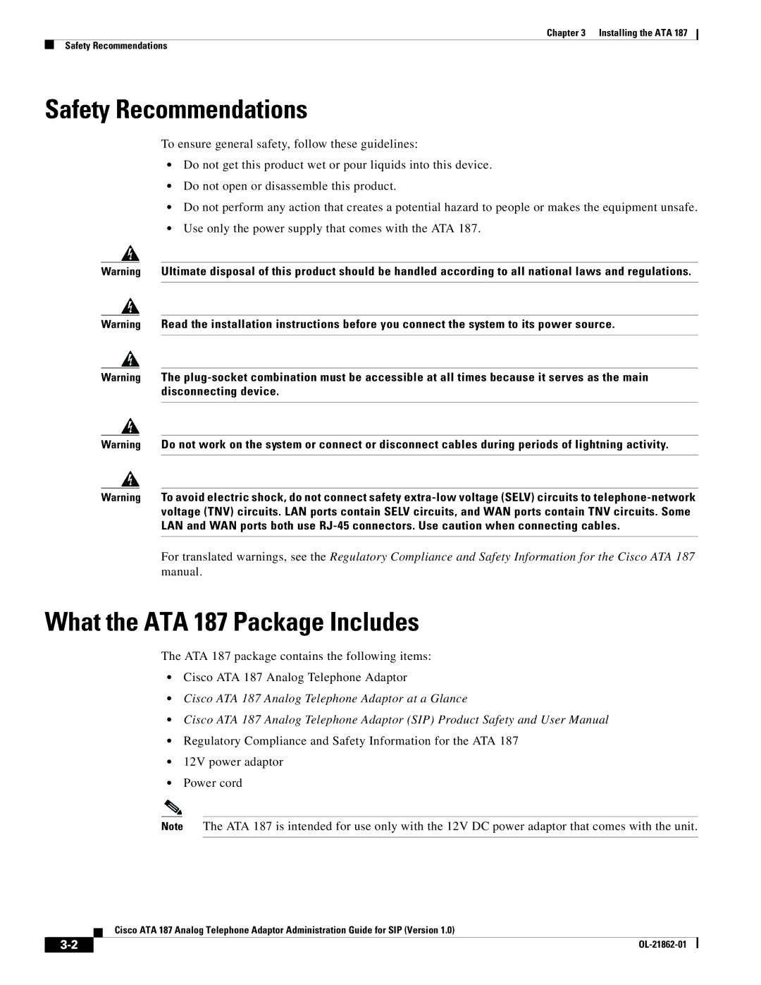 Cisco Systems ATA187I1ARF manual Safety Recommendations, What the ATA 187 Package Includes 