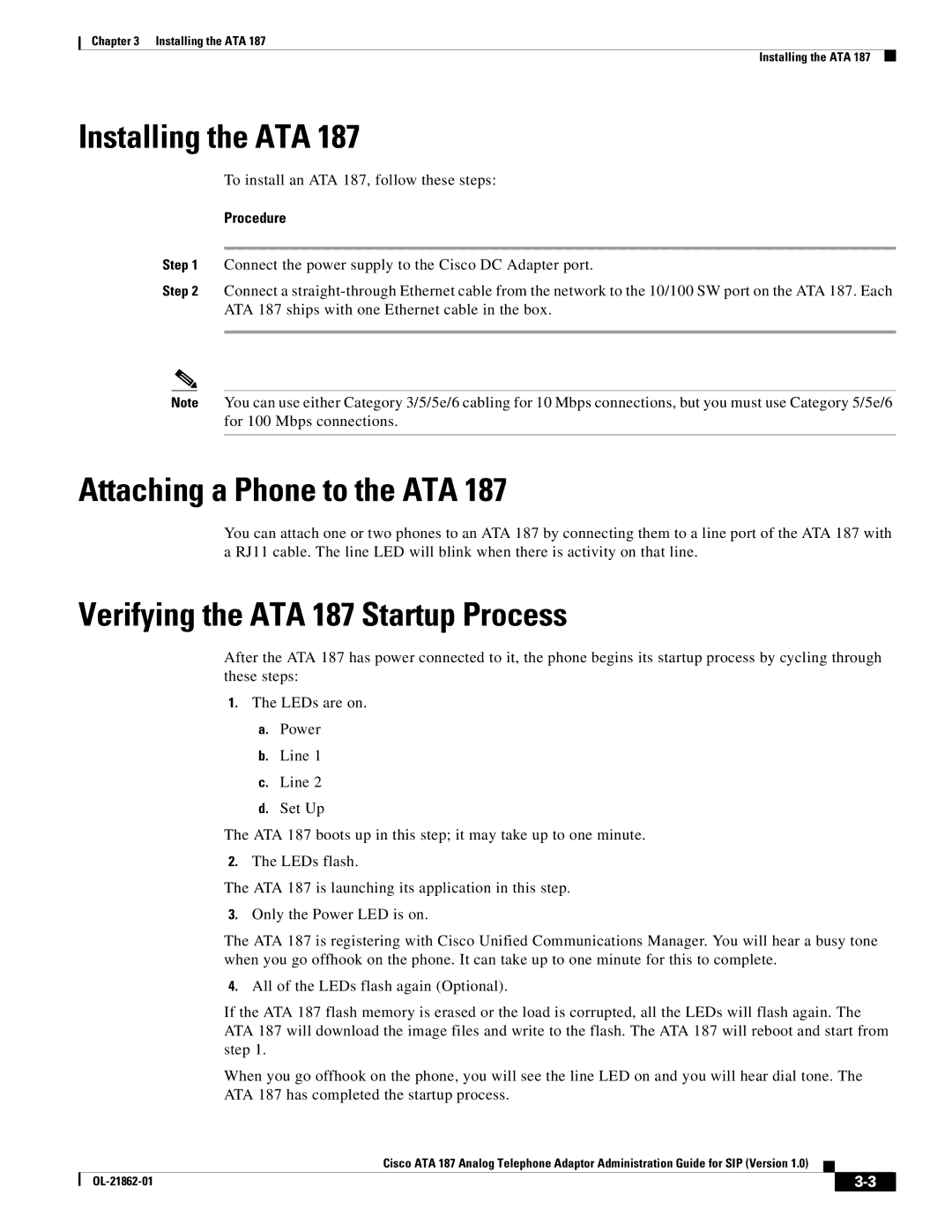 Cisco Systems ATA187I1ARF manual Installing the ATA, Attaching a Phone to the ATA, Verifying the ATA 187 Startup Process 