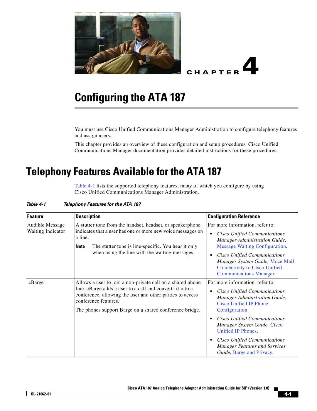 Cisco Systems ATA187I1ARF manual Configuring the ATA, Telephony Features Available for the ATA 