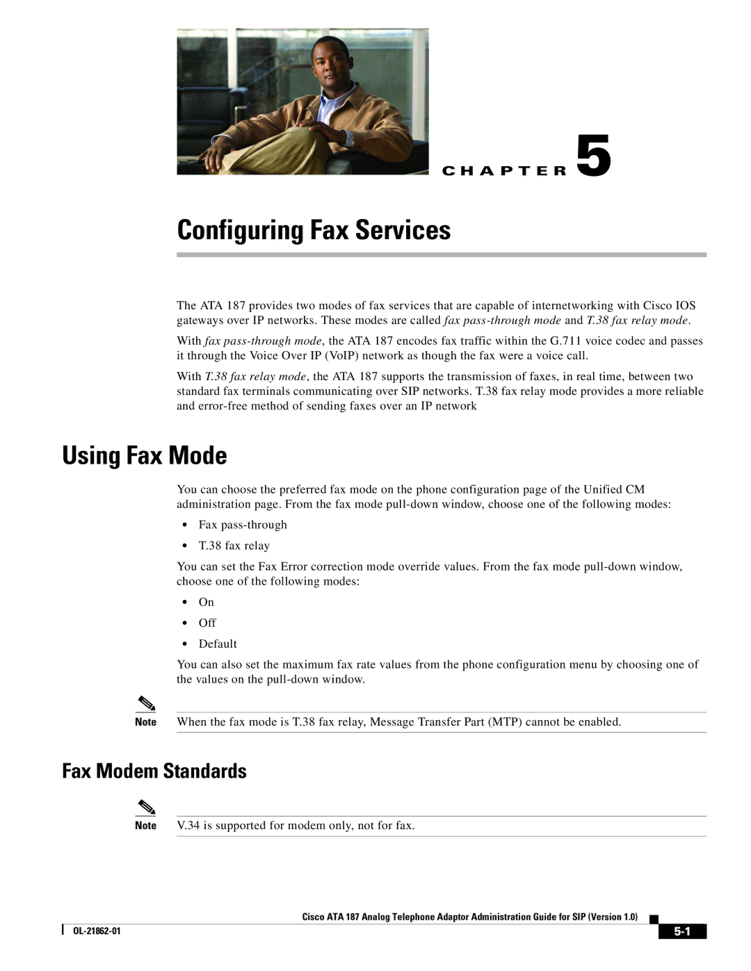 Cisco Systems ATA187I1ARF manual Configuring Fax Services, Using Fax Mode, Fax Modem Standards 