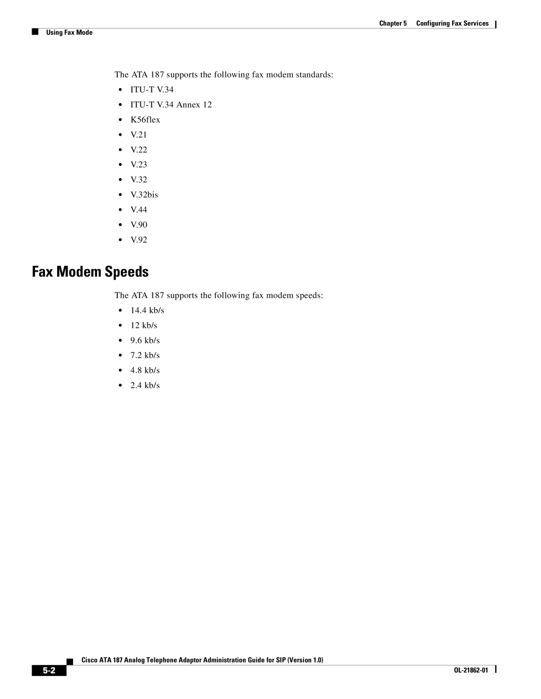 Cisco Systems ATA187I1ARF manual Fax Modem Speeds 