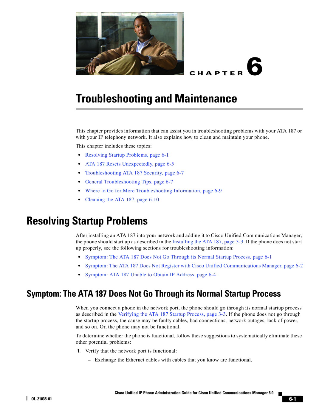 Cisco Systems ATA187I1ARF manual Troubleshooting and Maintenance, Resolving Startup Problems 