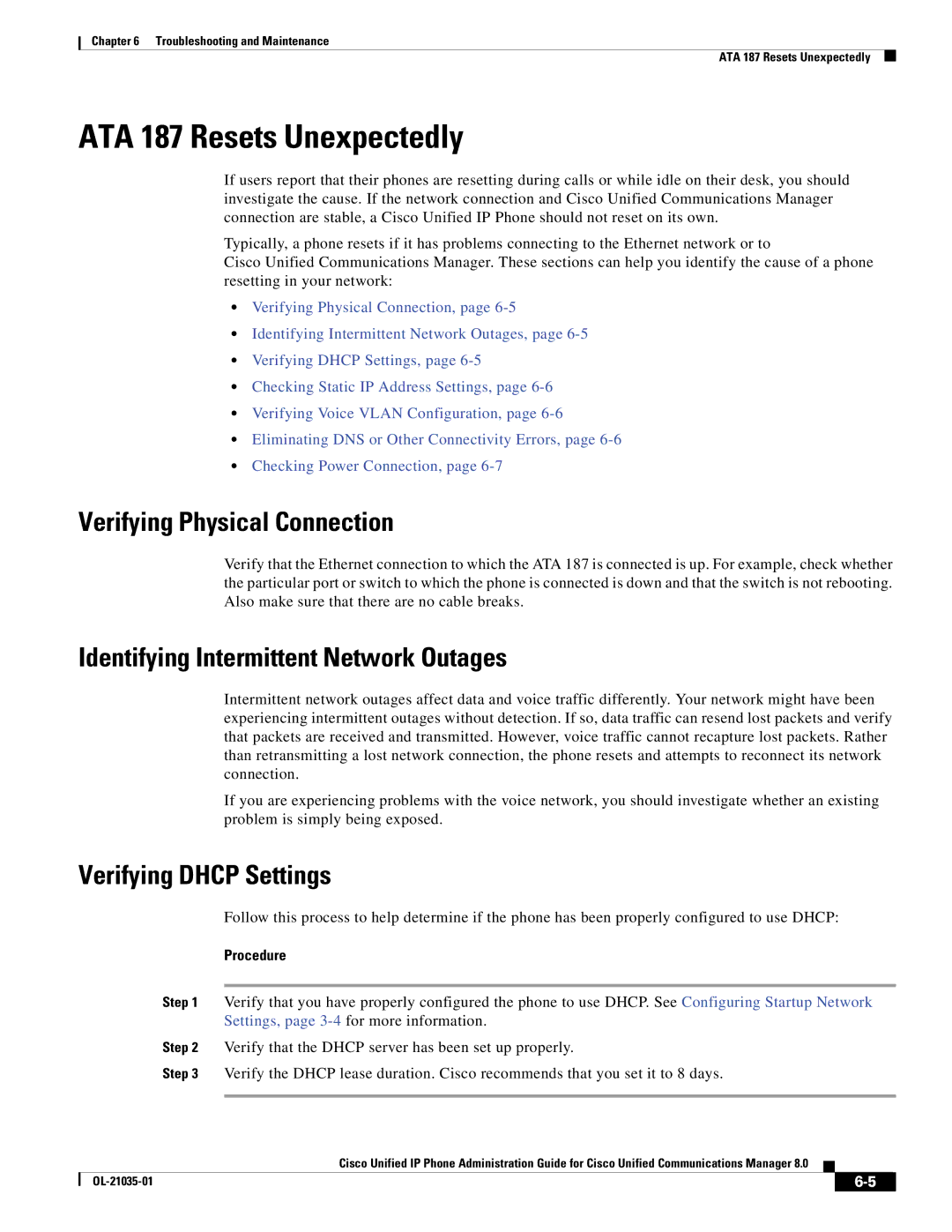 Cisco Systems ATA187I1ARF manual ATA 187 Resets Unexpectedly, Verifying Physical Connection, Verifying Dhcp Settings 