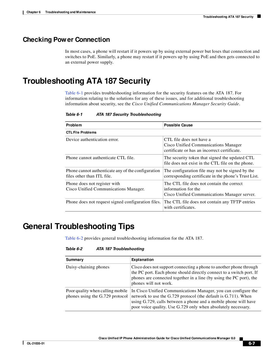 Cisco Systems ATA187I1ARF manual Troubleshooting ATA 187 Security, General Troubleshooting Tips, Checking Power Connection 