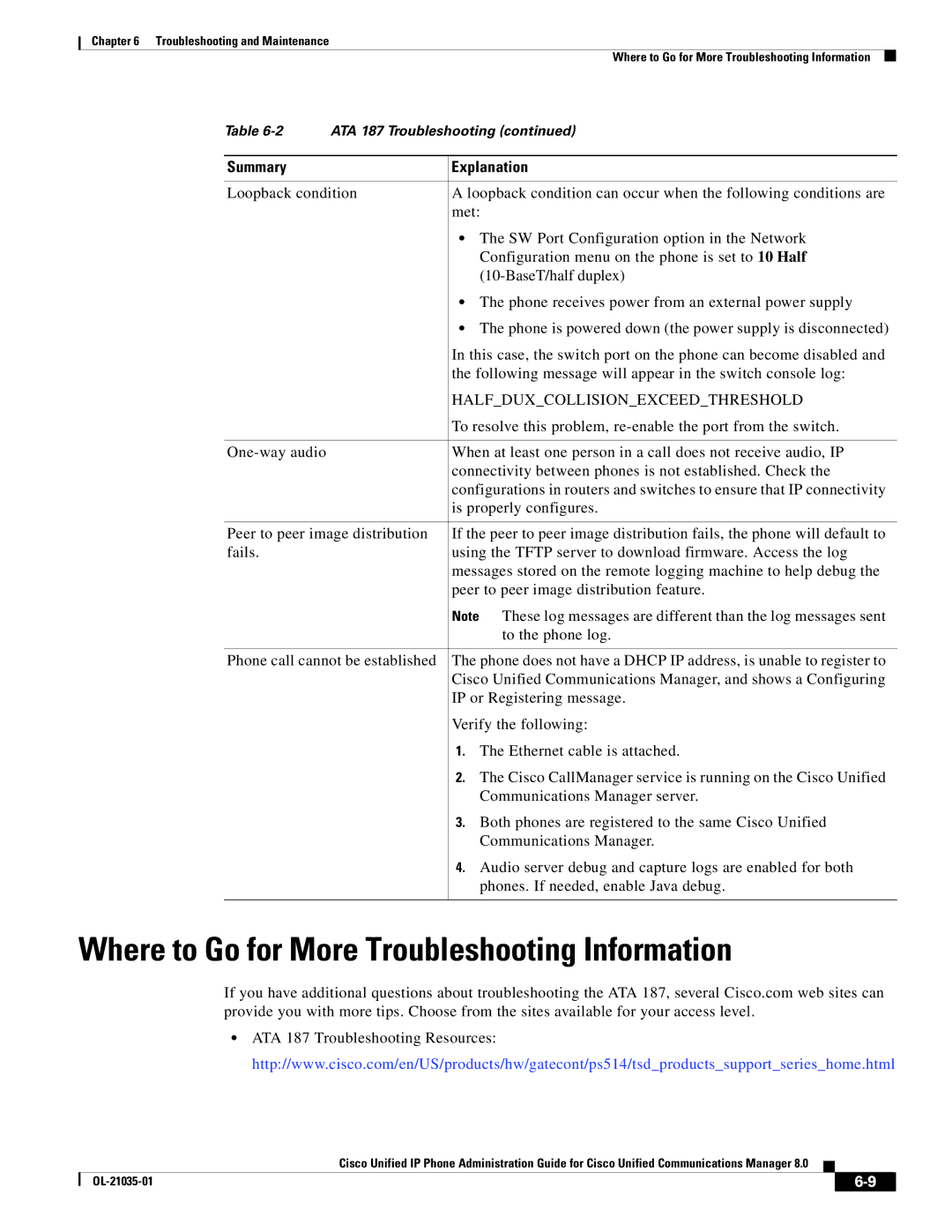 Cisco Systems ATA187I1ARF manual Where to Go for More Troubleshooting Information, Halfduxcollisionexceedthreshold 