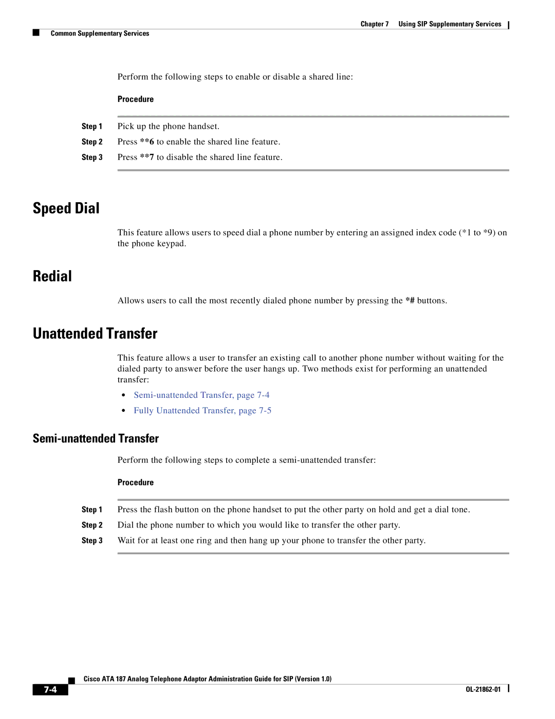 Cisco Systems ATA187I1ARF manual Speed Dial, Redial, Unattended Transfer 