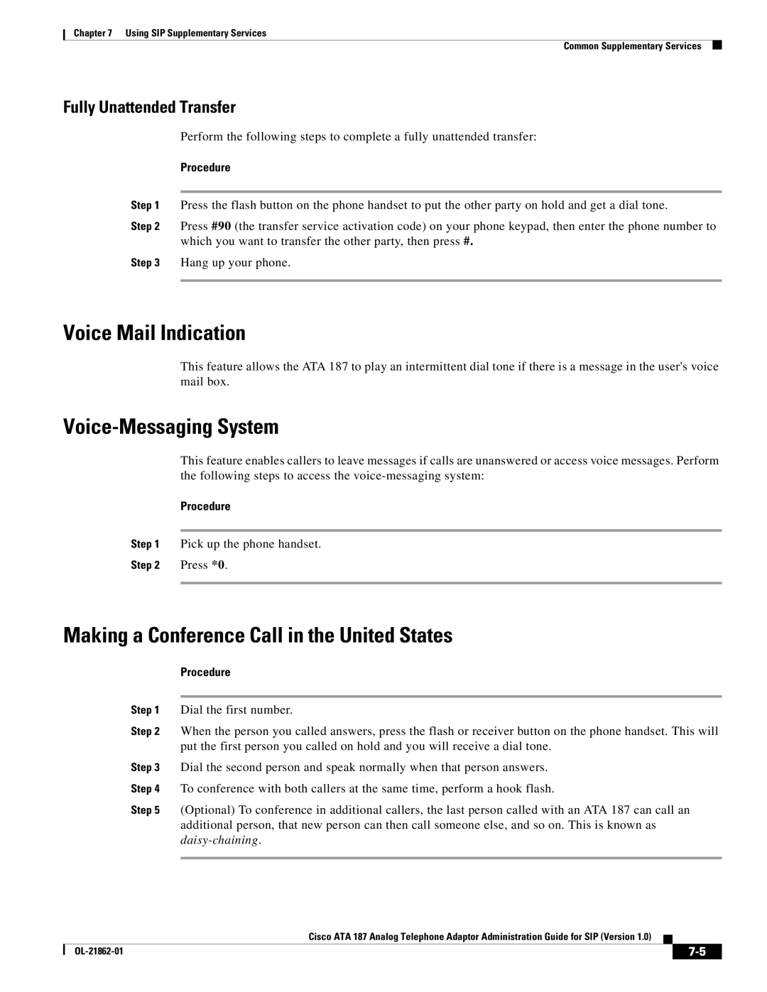 Cisco Systems ATA187I1ARF Voice Mail Indication, Voice-Messaging System, Making a Conference Call in the United States 