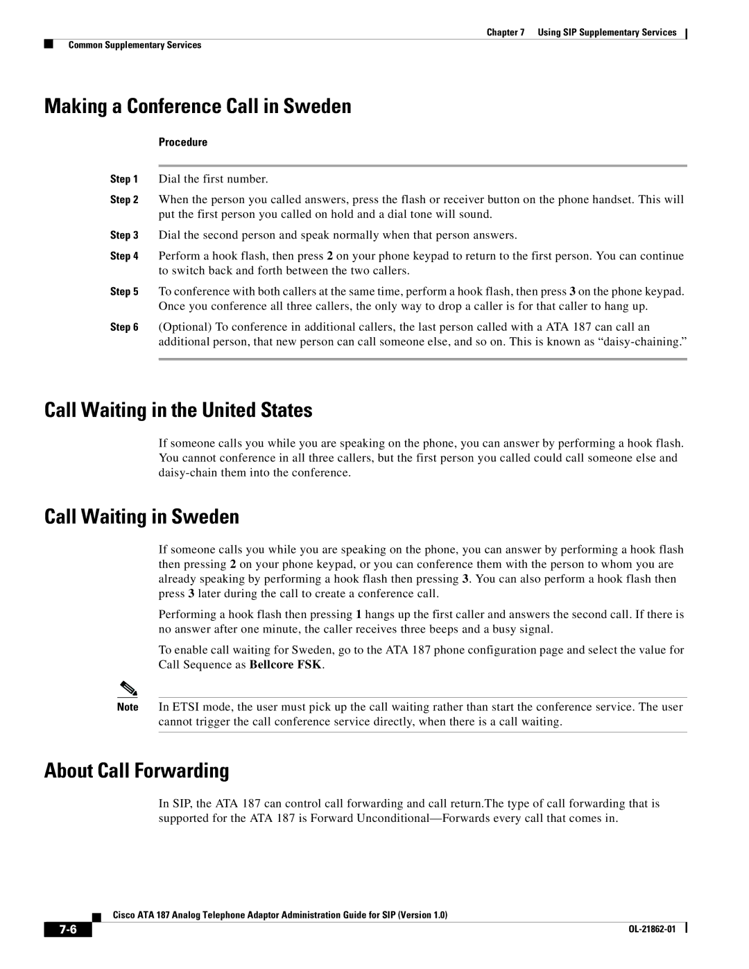 Cisco Systems ATA187I1ARF Making a Conference Call in Sweden, Call Waiting in the United States, Call Waiting in Sweden 