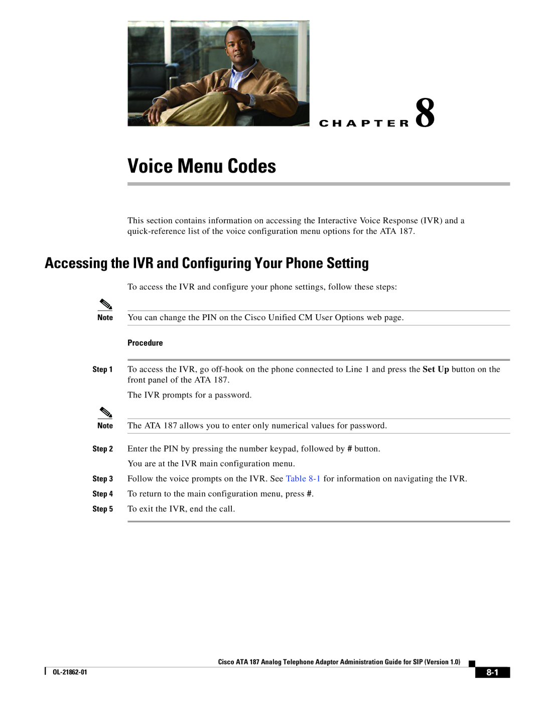 Cisco Systems ATA187I1ARF manual Voice Menu Codes, Accessing the IVR and Configuring Your Phone Setting 