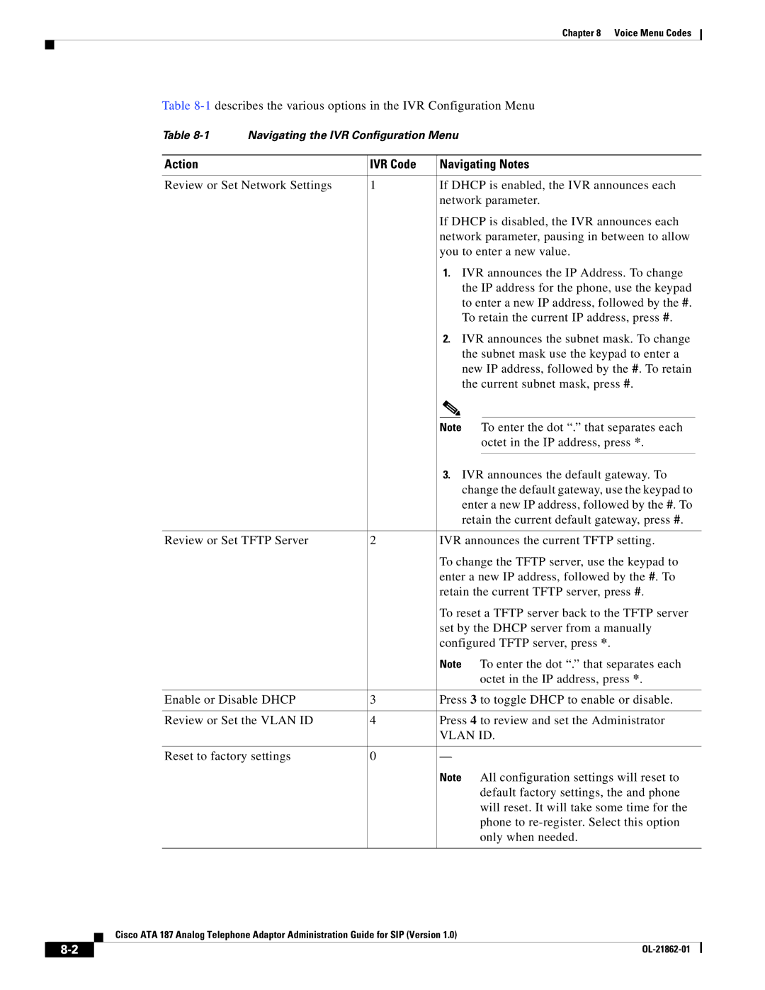 Cisco Systems ATA187I1ARF manual Action IVR Code Navigating Notes, Vlan ID 