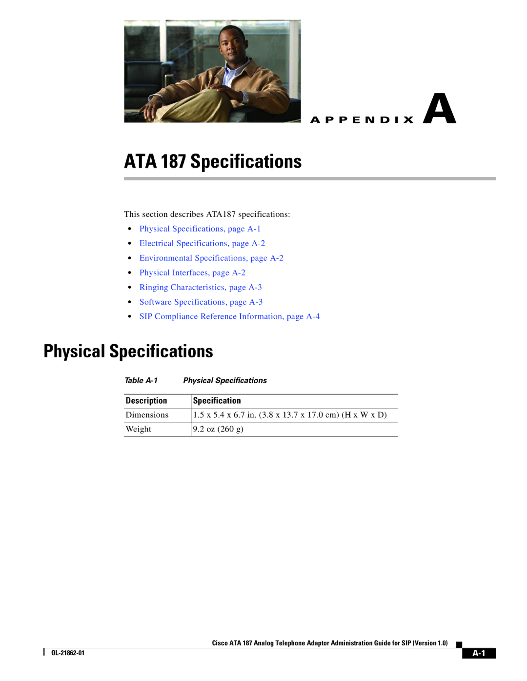 Cisco Systems ATA187I1ARF manual ATA 187 Specifications, Physical Specifications, Description Specification 