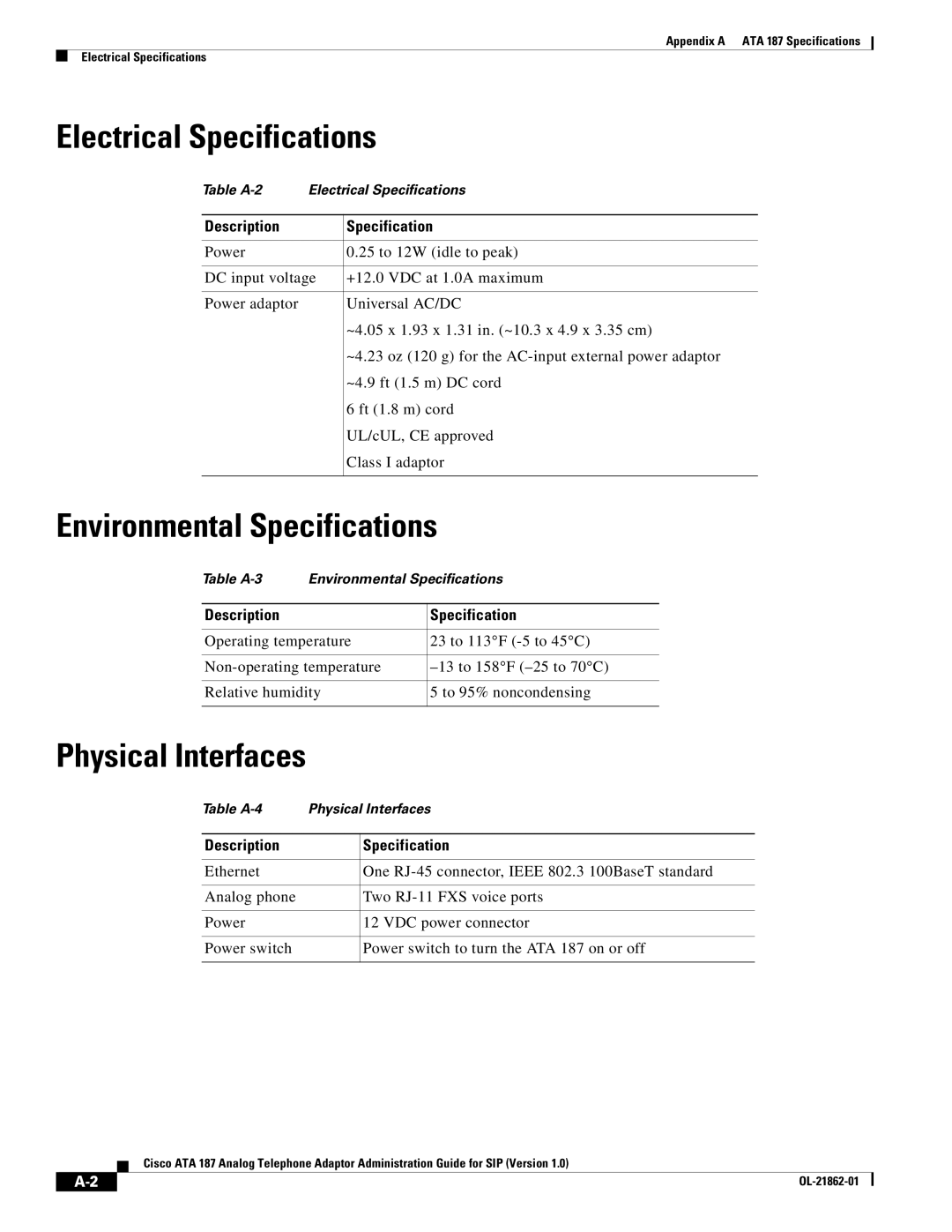 Cisco Systems ATA187I1ARF manual Electrical Specifications, Environmental Specifications, Physical Interfaces 