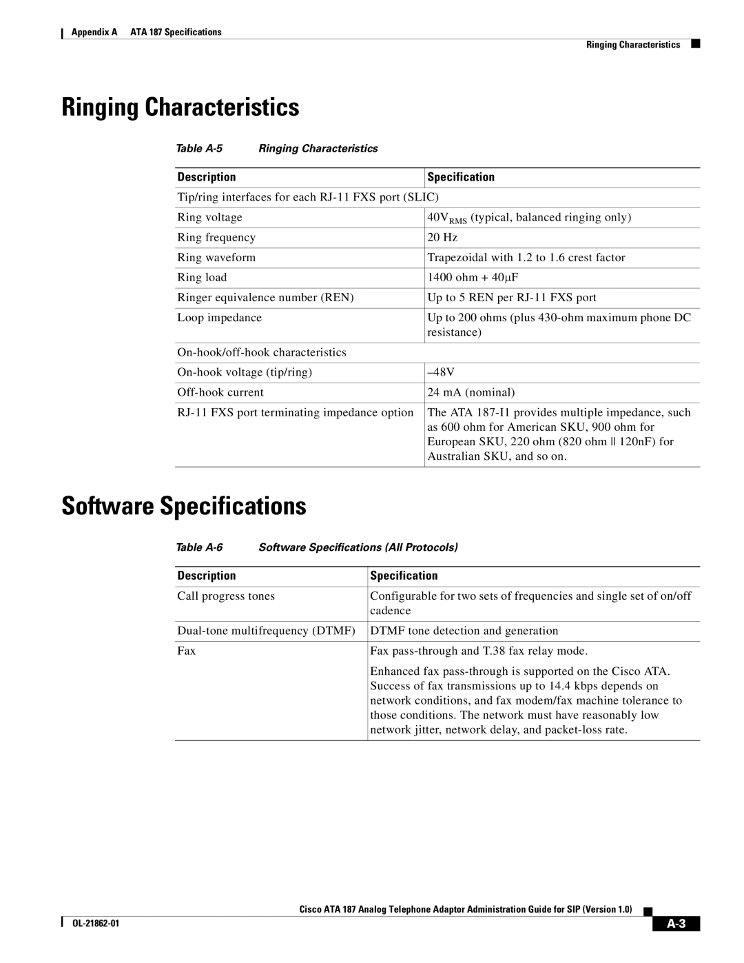 Cisco Systems ATA187I1ARF manual Ringing Characteristics, Software Specifications 