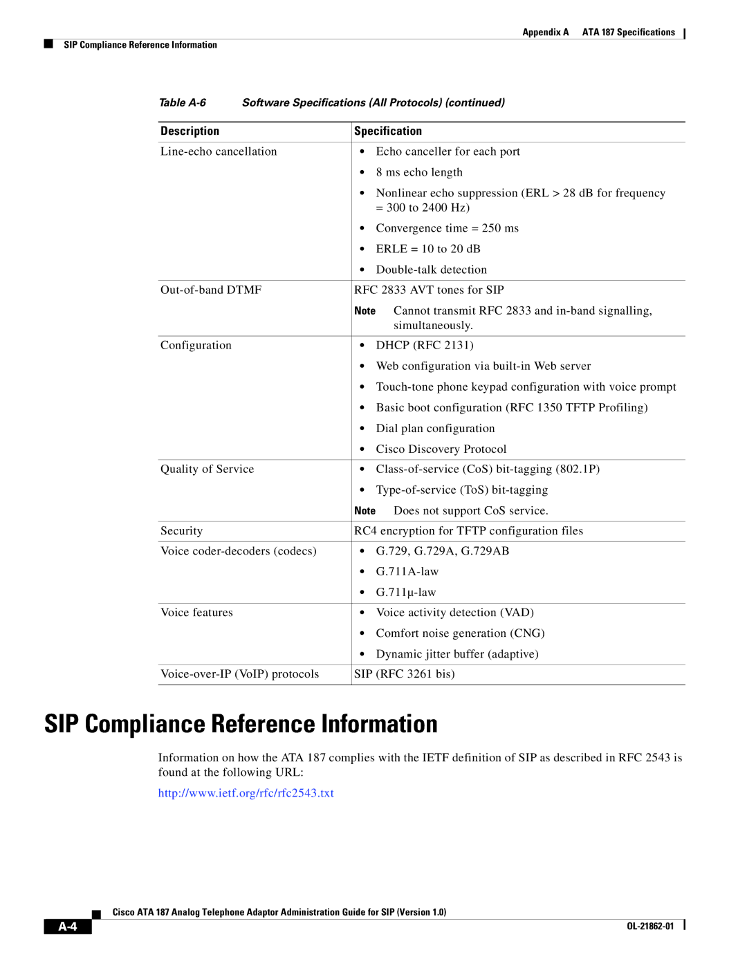 Cisco Systems ATA187I1ARF manual SIP Compliance Reference Information 