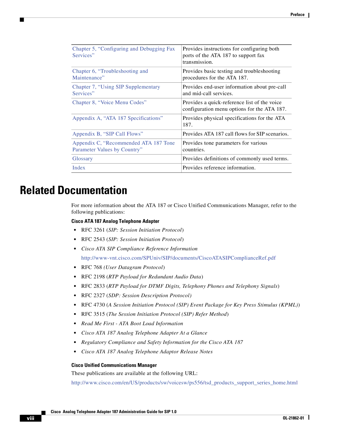 Cisco Systems ATA187I1ARF manual Related Documentation, Cisco ATA 187 Analog Telephone Adapter, Viii 