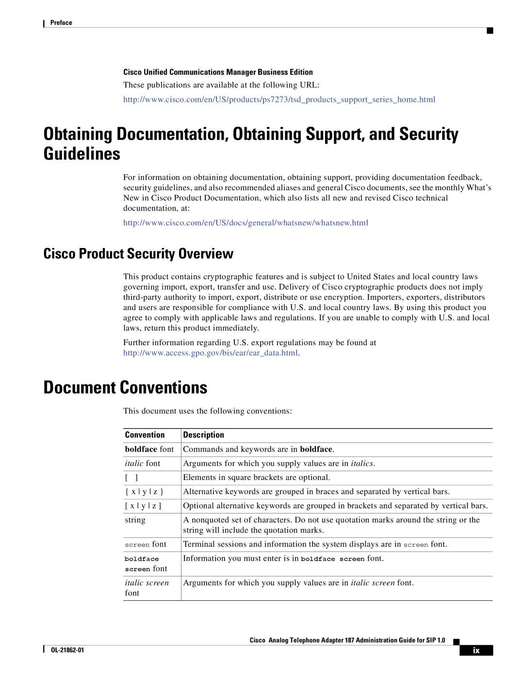 Cisco Systems ATA187I1ARF manual Document Conventions, Cisco Product Security Overview, Convention Description 