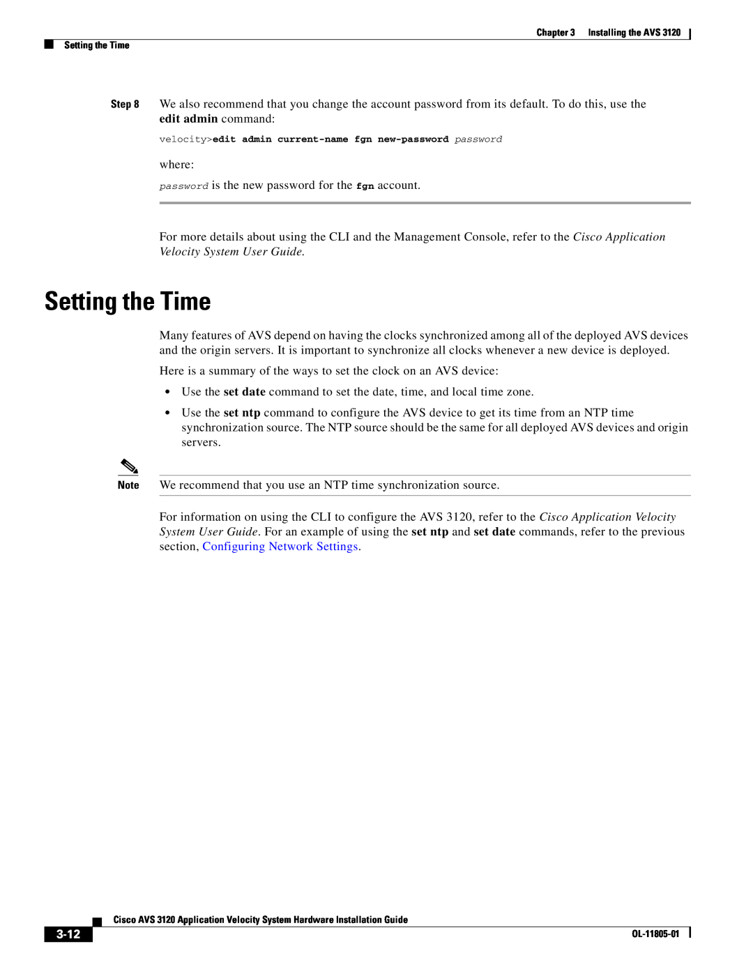 Cisco Systems AVS 3120 installation instructions Setting the Time, 3-12 
