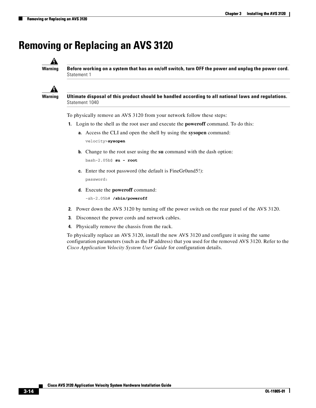 Cisco Systems AVS 3120 installation instructions Removing or Replacing an AVS, 3-14 