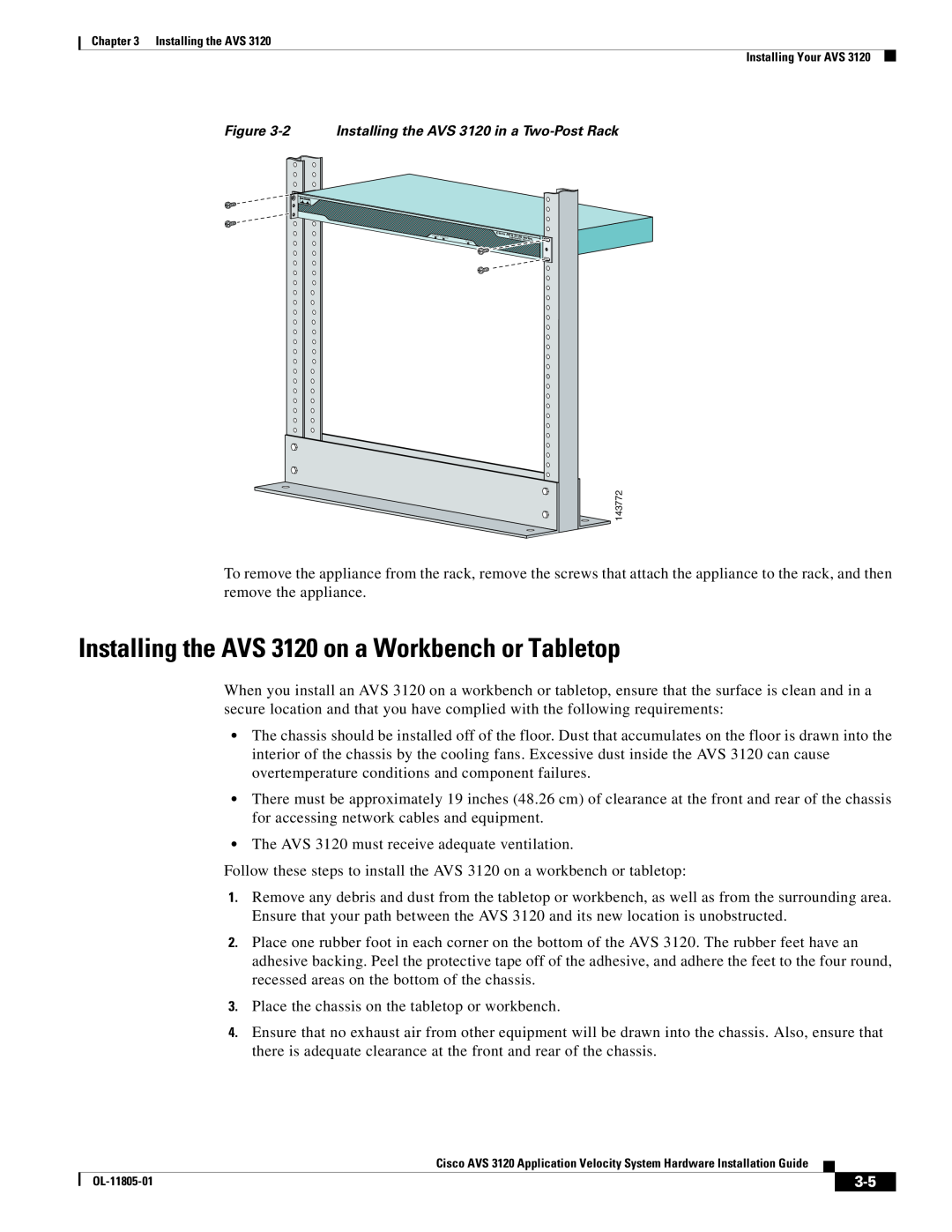 Cisco Systems installation instructions Installing the AVS 3120 on a Workbench or Tabletop 