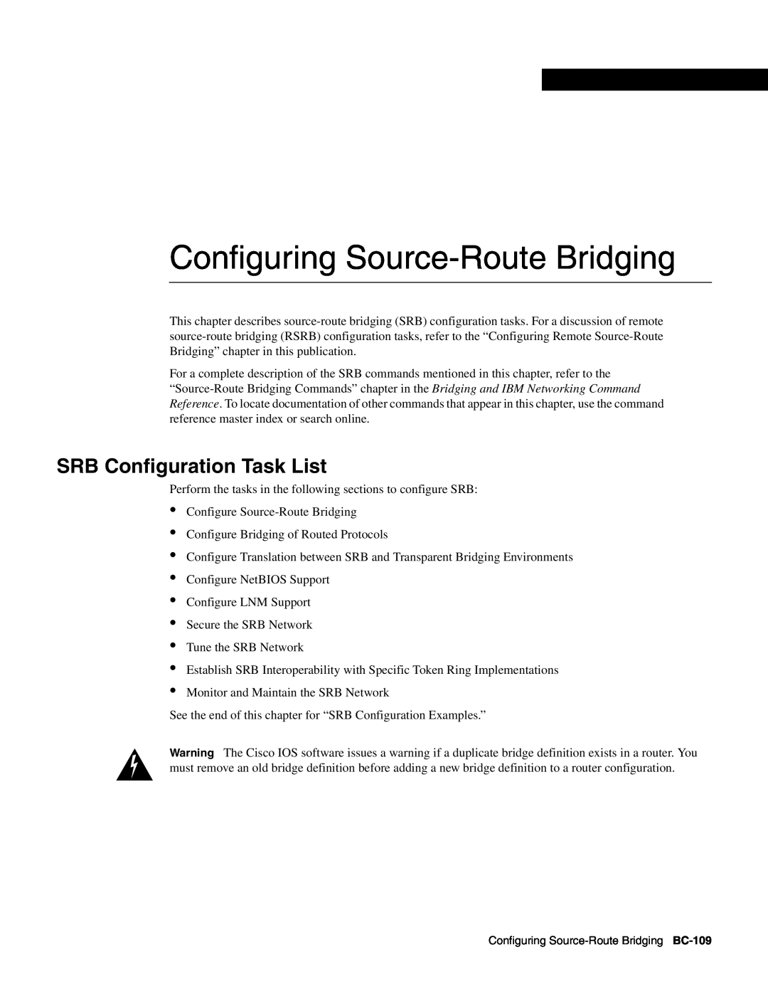 Cisco Systems BC-109 manual SRB Configuration Task List, Configuring Source-Route Bridging 