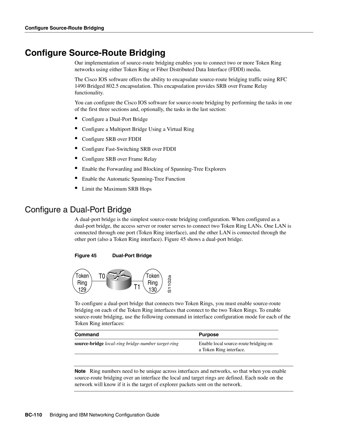 Cisco Systems BC-109 manual Configure Source-Route Bridging, Configure a Dual-Port Bridge 