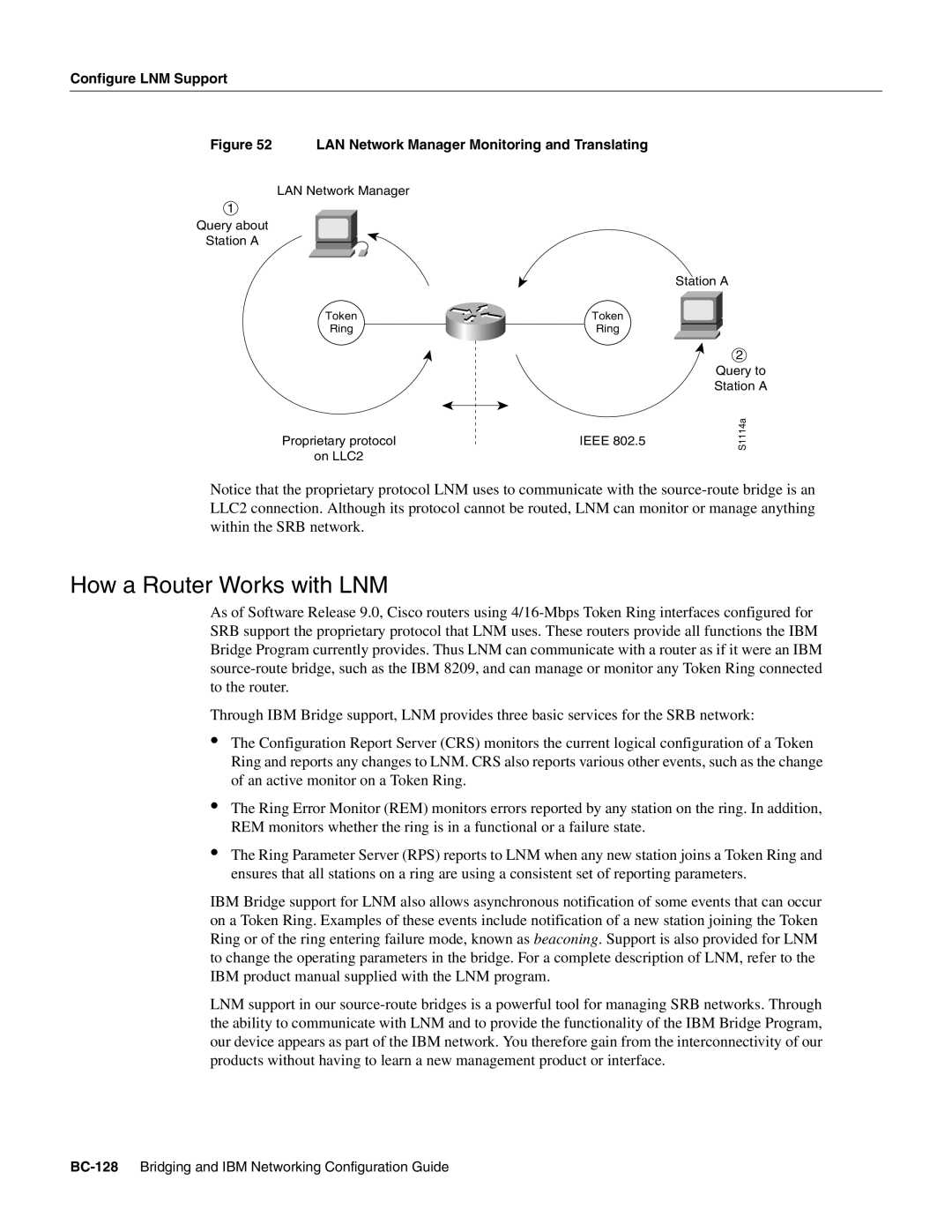 Cisco Systems BC-109 manual How a Router Works with LNM, BC-128 Bridging and IBM Networking Configuration Guide 