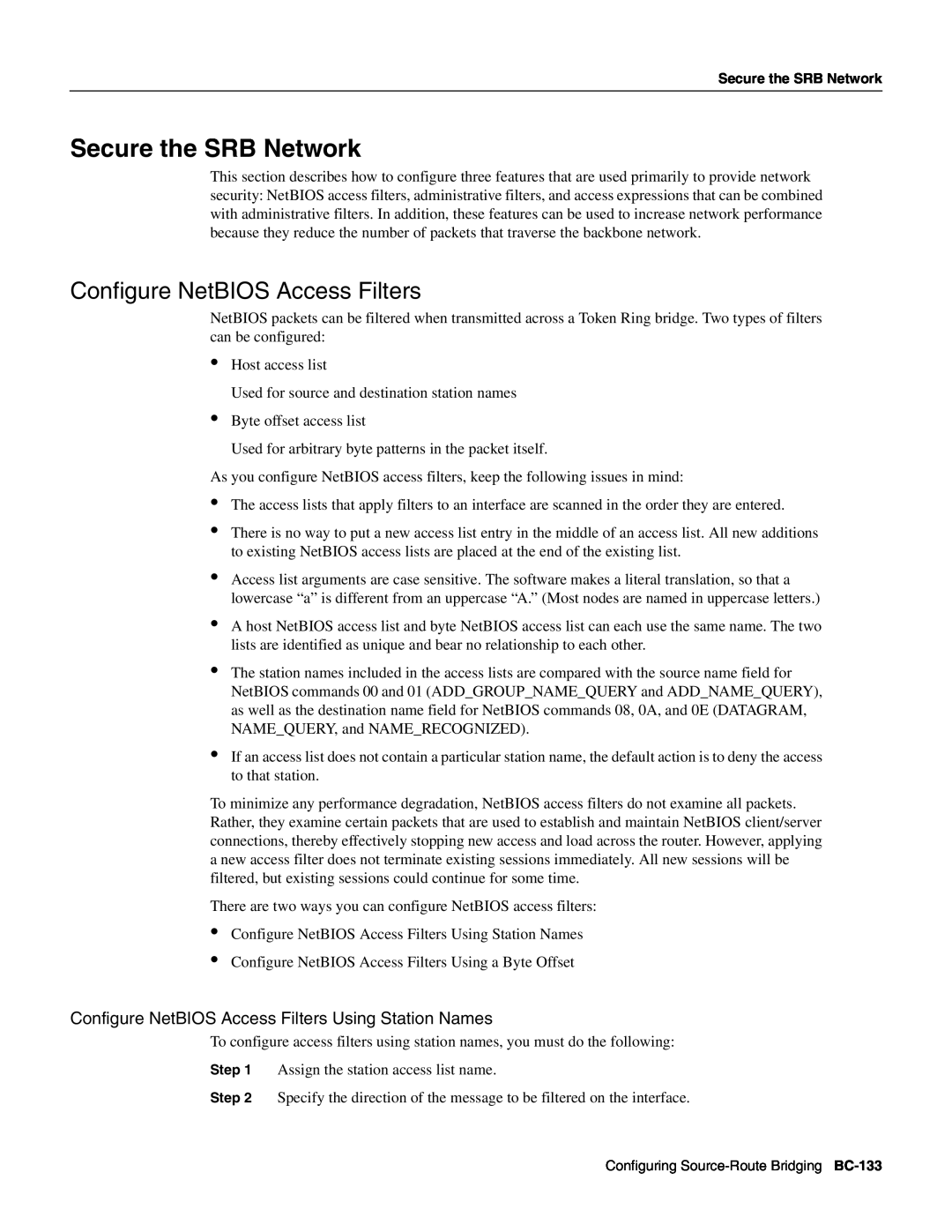 Cisco Systems BC-109 manual Secure the SRB Network, Configure NetBIOS Access Filters 