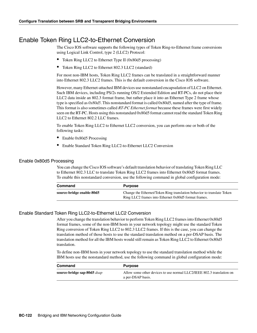 Cisco Systems BC-109 Enable Token Ring LLC2-to-Ethernet Conversion, Enable 0x80d5 Processing, Source-bridge sap-80d5 dsap 