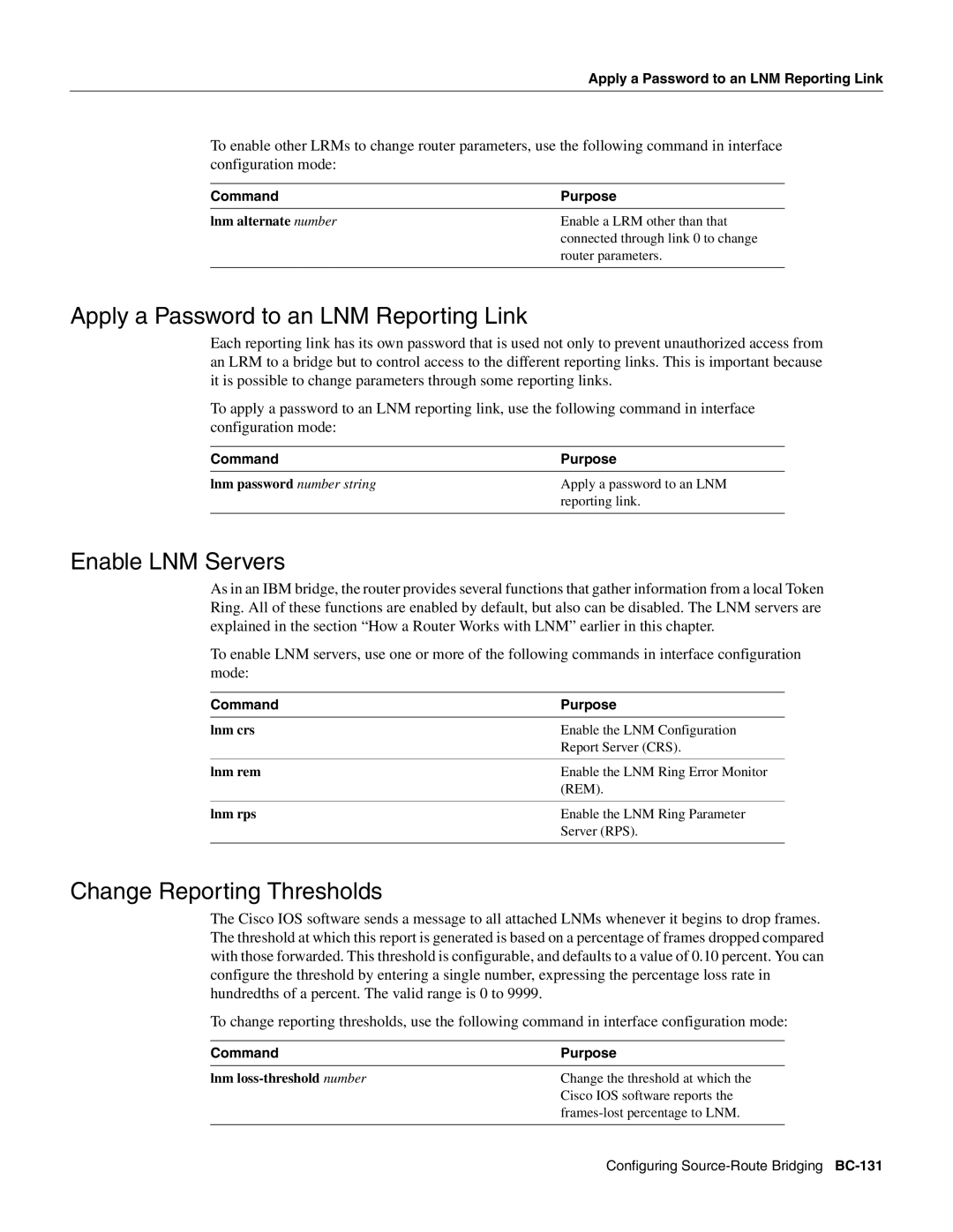 Cisco Systems BC-109 manual Apply a Password to an LNM Reporting Link, Enable LNM Servers, Change Reporting Thresholds 