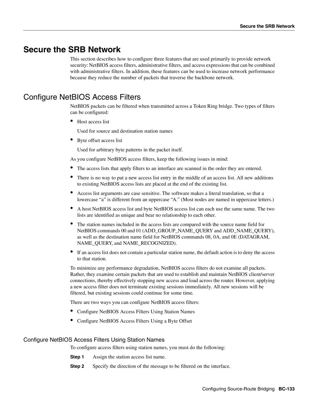 Cisco Systems BC-109 manual Secure the SRB Network, Configure NetBIOS Access Filters 