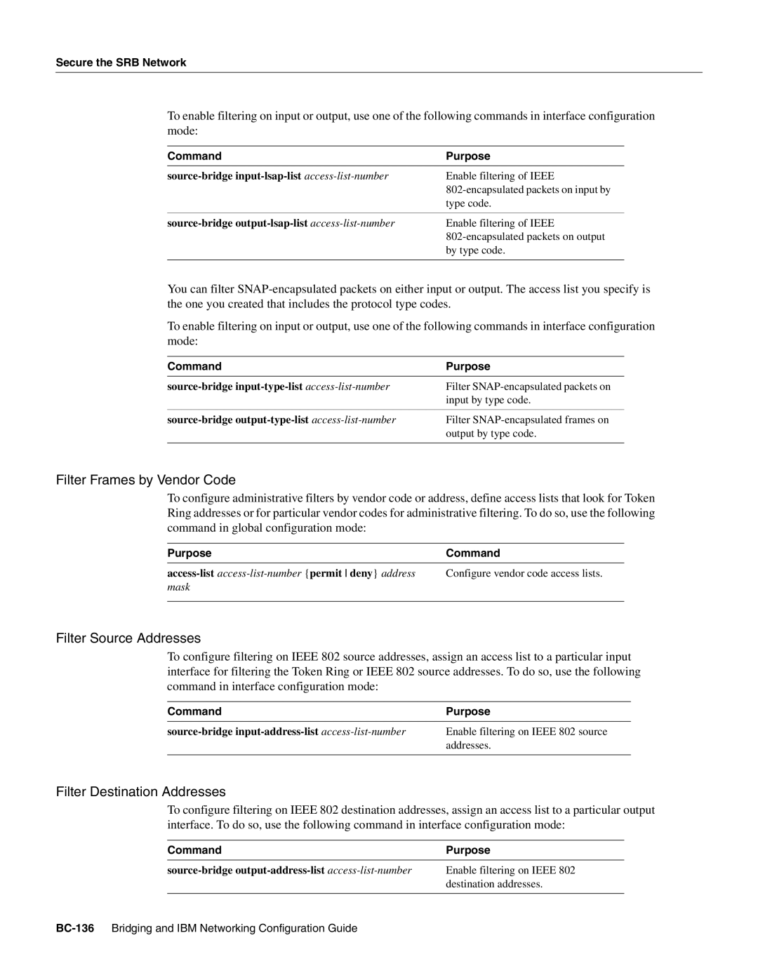 Cisco Systems BC-109 manual Filter Frames by Vendor Code, Filter Source Addresses, Filter Destination Addresses 