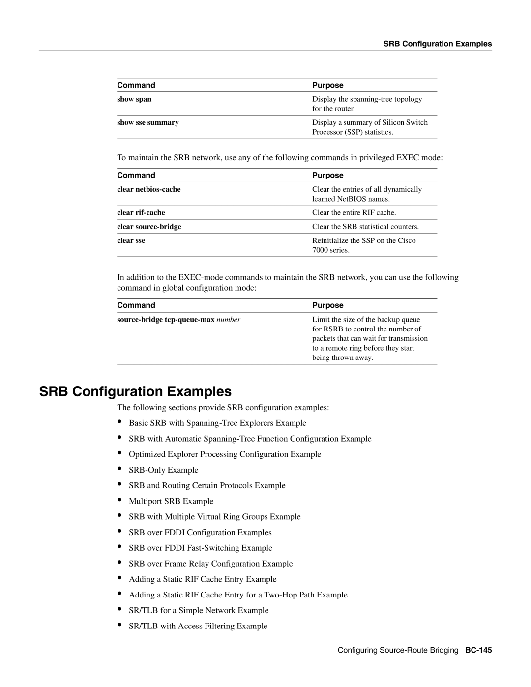 Cisco Systems BC-109 manual SRB Configuration Examples, Source-bridge tcp-queue-max number 